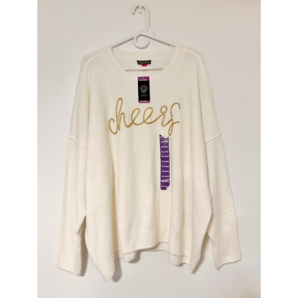 New VinceCamuto Women XXL Cream Beaded Cheers Holiday New Year Sweater Christmas